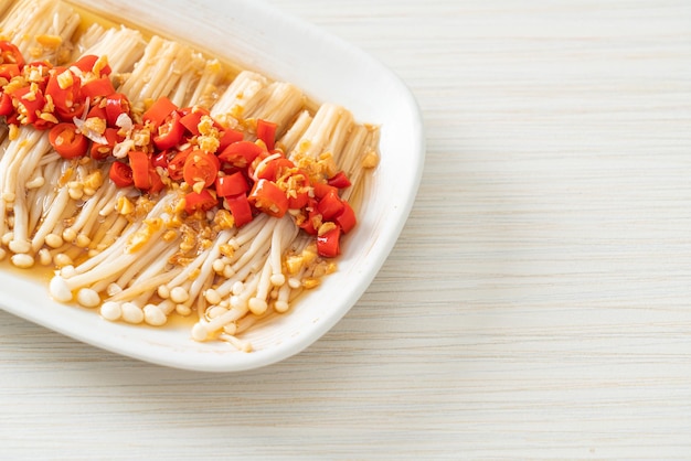 Steamed golden needle mushroom or enokitake with soy sauce chilli and garlic