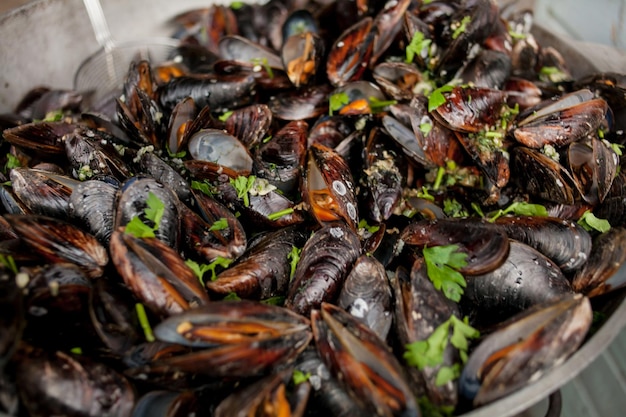 Steamed mussels Fresh mussels at grill pan Seafood barbecue outdoors mussels in shells