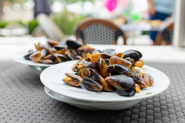 Foto cozze al vapore in salsa di vino bianco