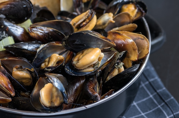 Photo steamed mussels in white wine sauce