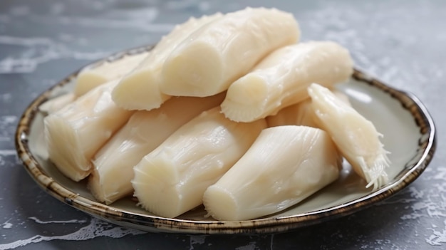 Steamed peeled arrowroot served on a dish