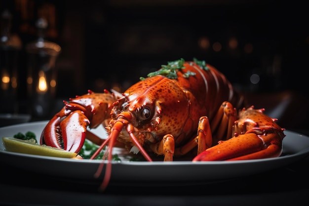 Steamed red lobster on a wooden board with parsley and lemon