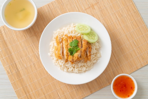 Steamed Rice with Fried Chicken or Hainanese Chicken Rice - Asian food style