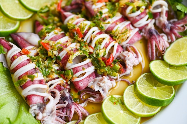 Calamari al vapore con peperoncino piccante al limone e salsa al limone calamari al vapore con lime piatto di pesce tailandese con vista dall'alto di erbe e spezie