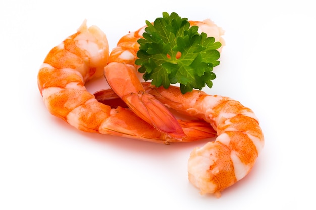 Steamed tiger shrimp isolated on white.