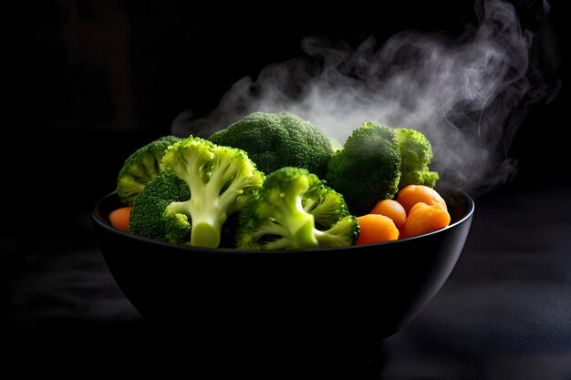 Steamed vegetables in a black bowl on a black background with smoke