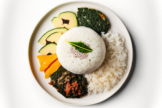 Steamed white rice and a variety of other toppings are rolled in gim to make the traditional Korean dish gimbap or kimbap On a white plate with a white background served Isolated
