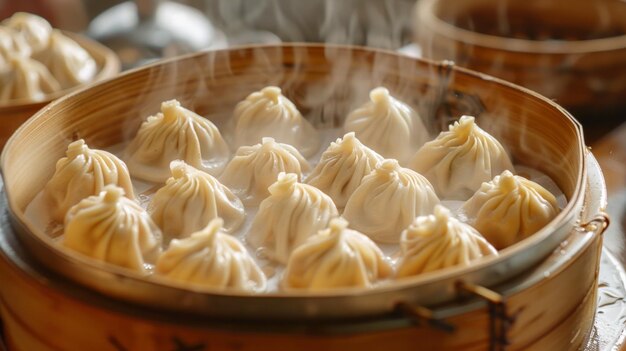 Steamed xiaolongbao dumplings in a bamboo steamer with steam Closeup photography