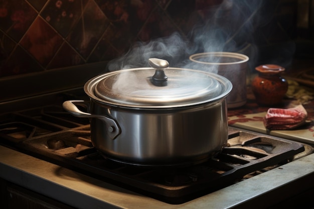 A steamer pot on a stove lid slightly ajar