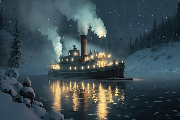 Steamer with lights on lake or river for passage in winter to port with icebreaker