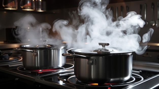 Steaming and boiling pan of water on modern heating stove in kitchen on the background of open balcony Boiling with steam emitted from stainless cooking pot