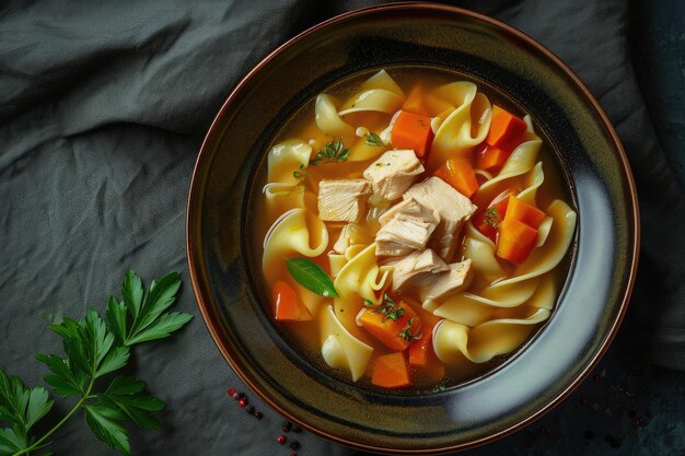 A steaming bowl of chicken noodle soup featuring tender carrots and garnished with fresh parsley Chicken noodle soup in cubist style AI Generated