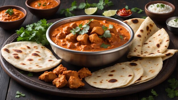 A steaming bowl of Chicken Tikka Masala is placed atop a dark wooden table surrounded by an array o