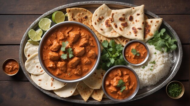 A steaming bowl of Chicken Tikka Masala is placed atop a dark wooden table surrounded by an array o