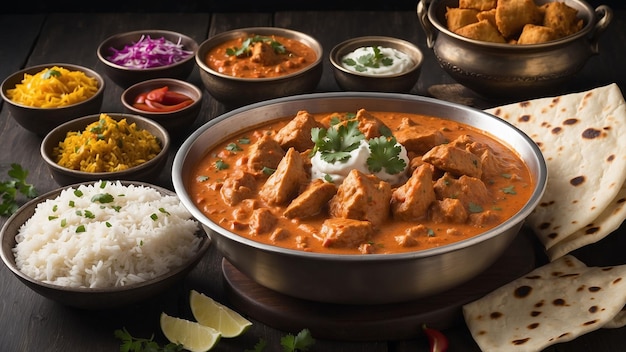 A steaming bowl of Chicken Tikka Masala is placed atop a dark wooden table surrounded by an array o