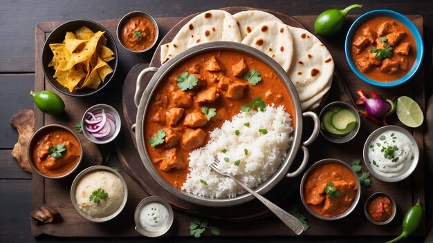A steaming bowl of Chicken Tikka Masala is placed atop a dark wooden table surrounded by an array o
