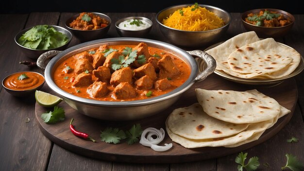 A steaming bowl of Chicken Tikka Masala is placed atop a dark wooden table surrounded by an array o