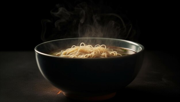 Steaming bowl of gourmet ramen noodles cooked with pork and vegetables generated by artificial intelligence