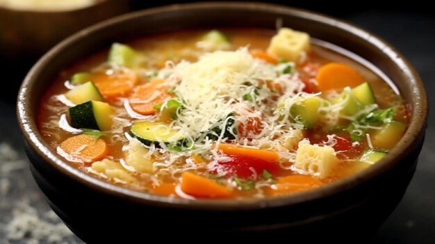 A steaming bowl of hearty vegetable minestrone soup with a sprinkle of parmesan