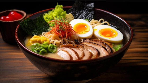 風味豊かなスープの柔らかい麺とおいしいトッピングが詰まった熱々のラーメン