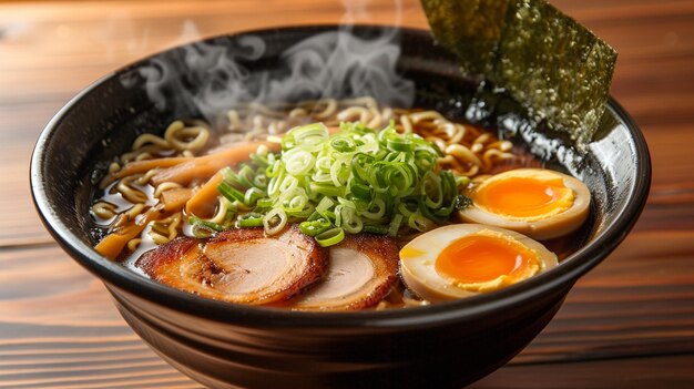 Foto una ciotola bollente di ramen con un ricco brodo aromatico fette teneri di uova bollite di maiale e tagliatelle molle