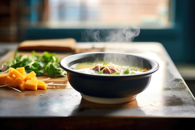 Steaming bowl of soup with melting cheese on top