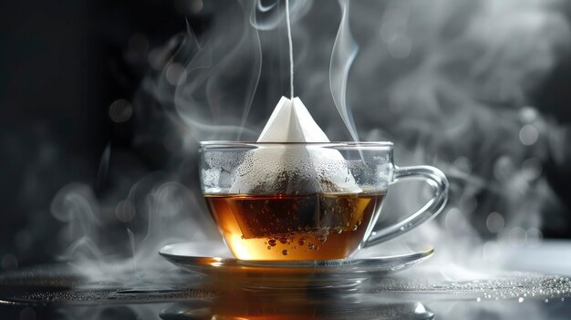 Steaming brew hyperreal teabag emerges from cup