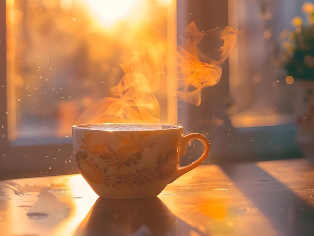 Photo steaming coffee cup emits inviting aroma ai generated