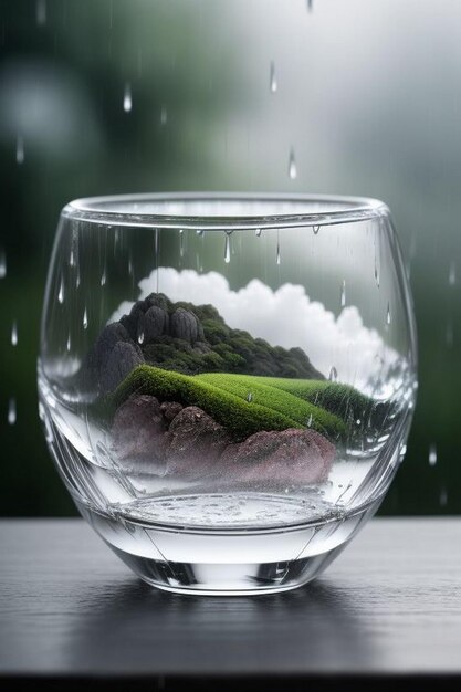 Steaming coffee cup on a rainy day window background