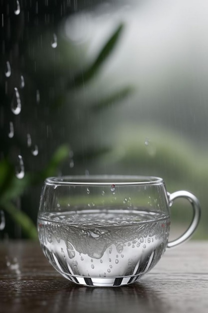 雨の日の窓の背景に蒸るコーヒーカップ