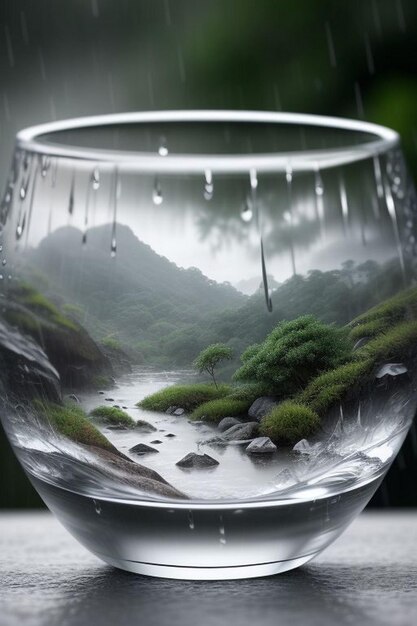 Steaming coffee cup on a rainy day window background