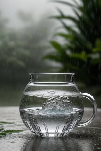 Steaming coffee cup on a rainy day window background