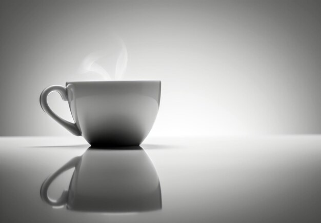 Photo steaming coffee cup on reflective surfacexa