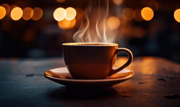 A steaming coffee cup on a saucer placed on a table with a warm soft bokeh lights