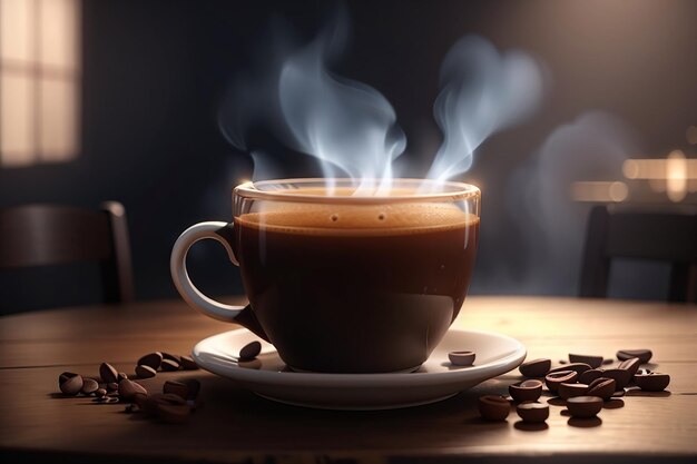 Steaming coffee cup on table