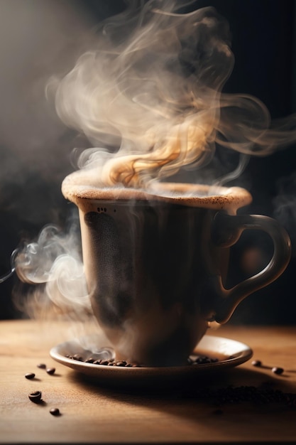 A steaming coffee cup with a wispy trail of smoke curling up from its contents