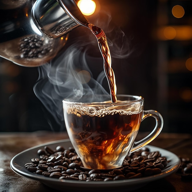 Steaming Coffee Pour WellLit Background