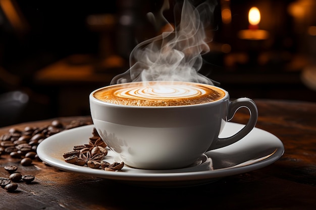 Steaming coffee in white cup resting on a saucer