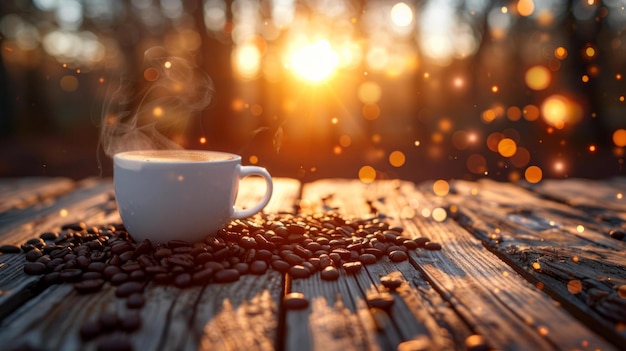 은 나무 위에 어져있는 커피 의 어리 가운데 증기되는 컵, 새벽의 빛은 아침의 아한 반이는 본질을 방출합니다.