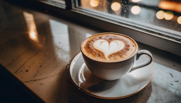 steaming cup of cappuccino adorned with a heartshaped foam design on a saucer symbolizing warmth a