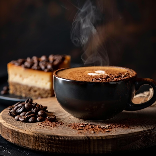 Steaming cup of cappuccino and cheese cake on the table closeup coffee beans