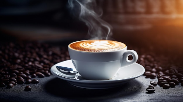 Steaming cup of cappuccino on the table closeup coffee beans