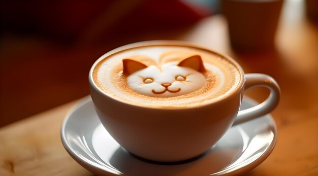 Foto coppa di cappuccino al vapore con faccia di gatto in schiuma