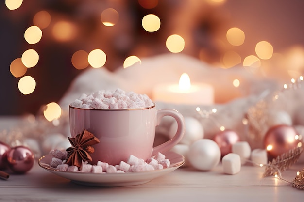 A steaming cup of cocoa with marshmallows surrounded by festive fairy lights