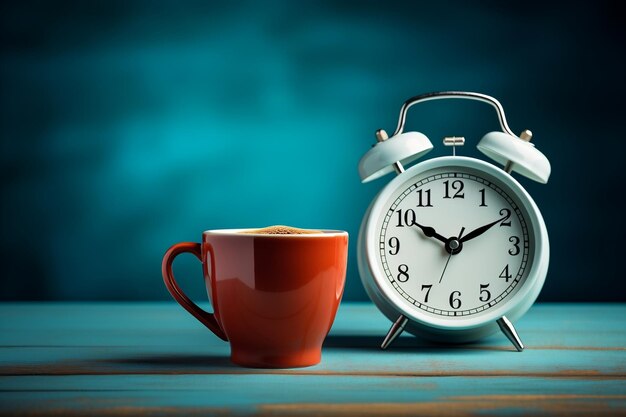 A steaming cup of coffee accompanied by an alarm clock set against a serene blue background Generative Ai