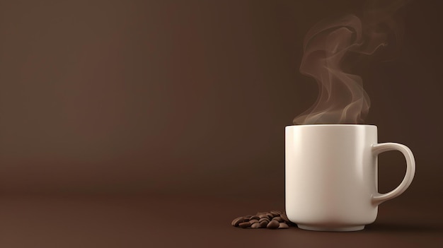 A steaming cup of coffee on a brown background The coffee beans are scattered around the cup