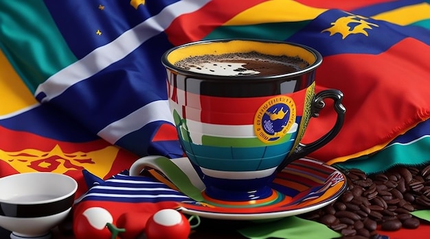 国際コーヒーデーを祝う世界中の国旗による湯気の立つコーヒー