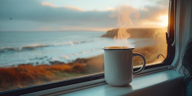 A steaming cup of coffee on a campers window sill Generative Ai