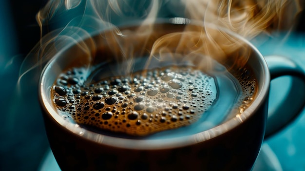 Foto tazza di caffè al vapore che mostra il ricco aroma e la consistenza schiumosa della bevanda