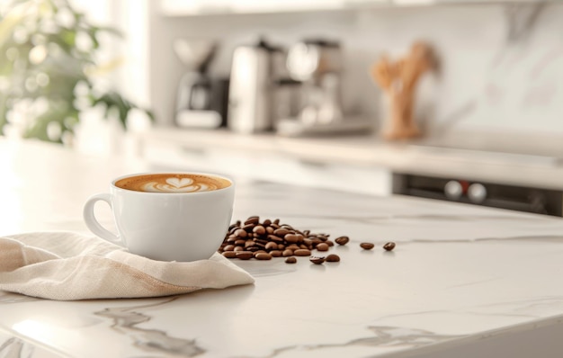 A steaming cup of coffee sits on a sunlit kitchen counter with scattered beans and a bowl in the background evoking a cozy morning vibe